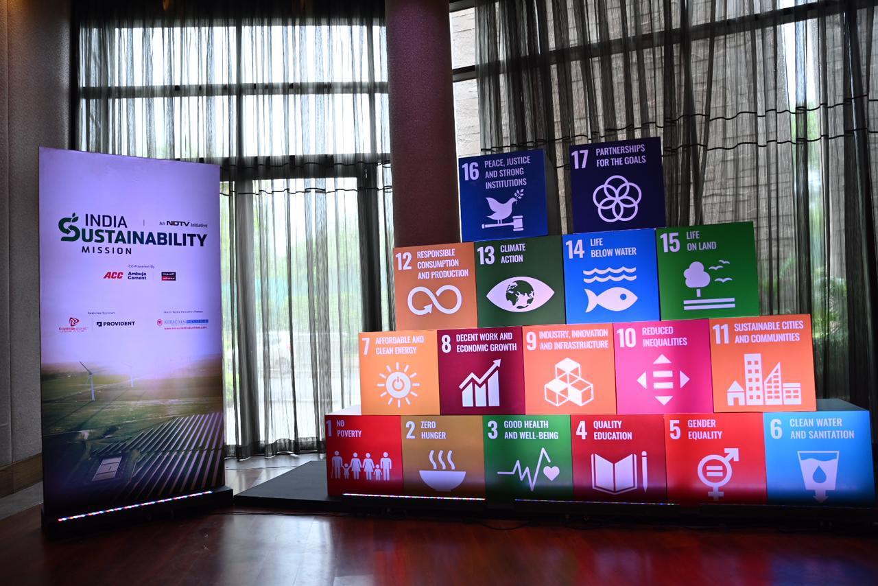 Illuminated installation of the 17 UN Sustainable Development Goals in the summit foyer