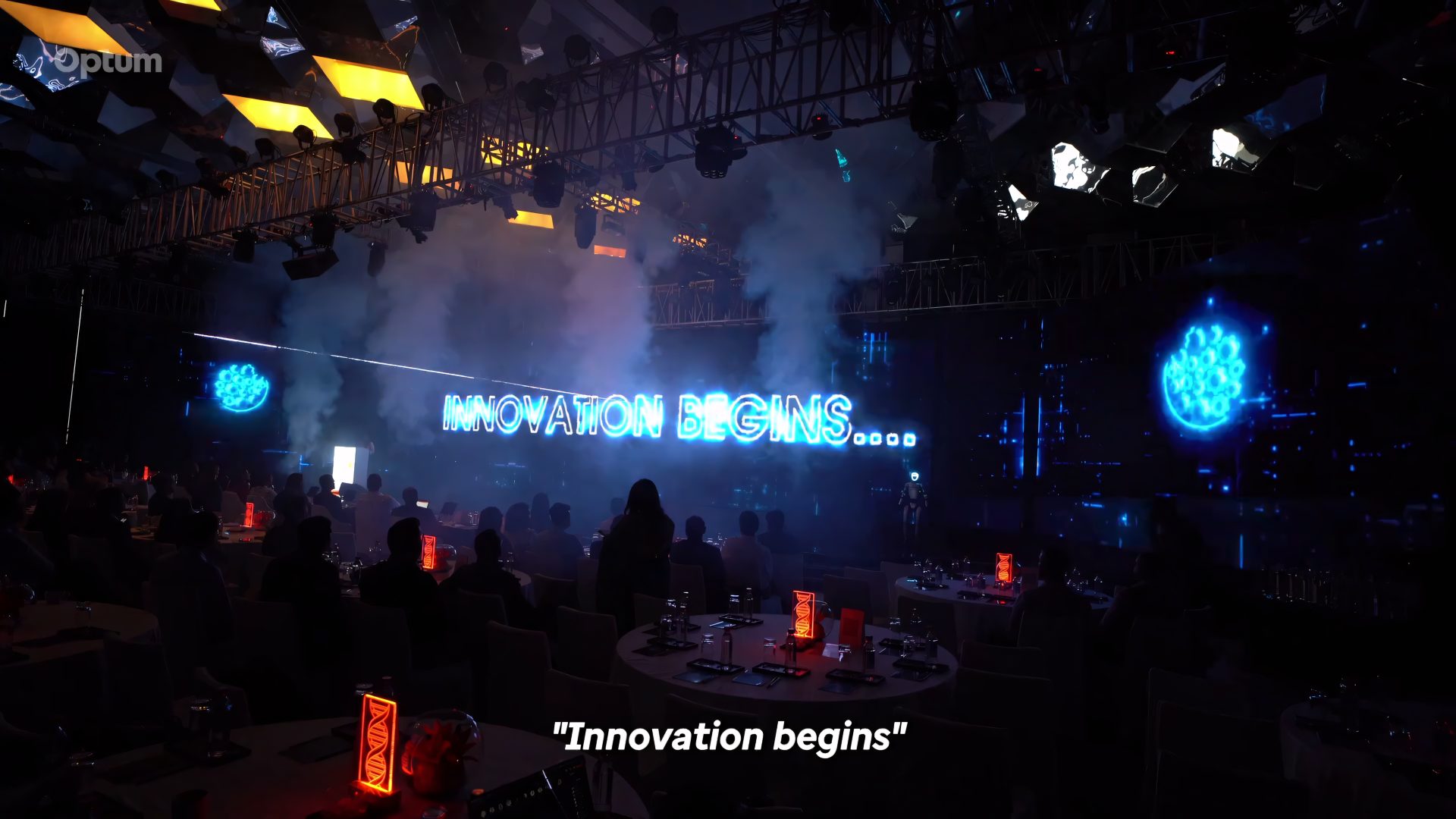 Opening light and haze sequence carrying the line “Innovation begins”